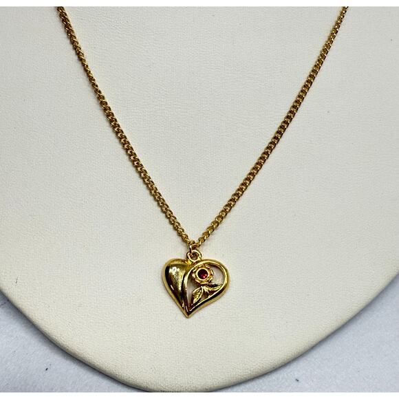 Vintage Necklace Pendant Red Rhinestone Gold Tone Heart Flower 18 in curb chain - Picture 9 of 11